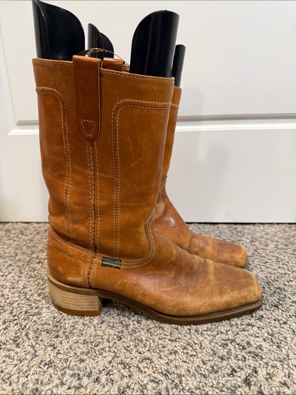 Vintage Wrangler Cowboy work Boots Leather Men Western Shoes USA Cognac 10
